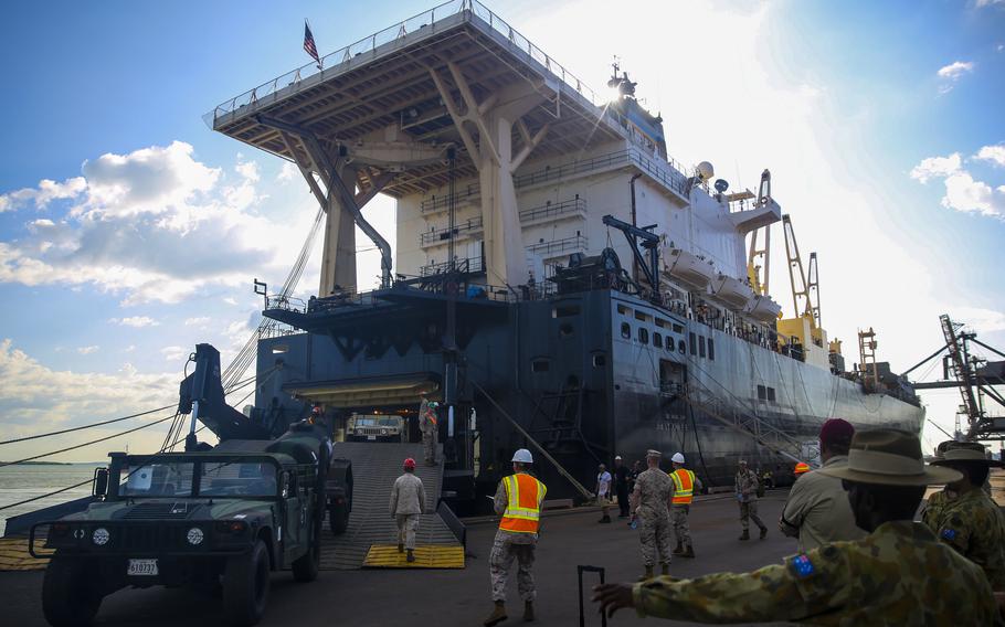 Marines unload military vehicles from the USNS 2nd Lt. John P. Bobo at East Arm Wharf, Darwin, Australia, in 2014. 