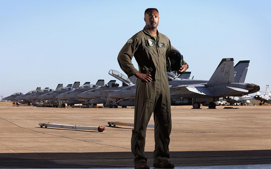 Marine Capt. Zach Mullins after a training flight out of Marine Corps Air Station Miramar in San Diego. Mullins, who flies the F/A-18 Hornet, is one of five Black Marines who pilot fighter jets.