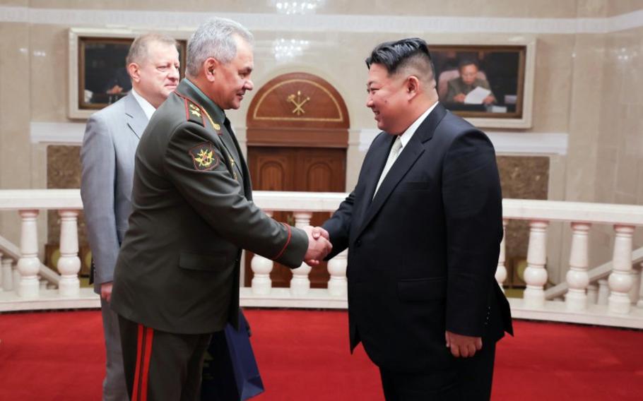 This photo from the state-run Korean Central News Agency shows Russian Defense Minister Sergei Shoigu meeting with North Korean leader Kim Jong Un in Pyongyang, July 27, 2023. 