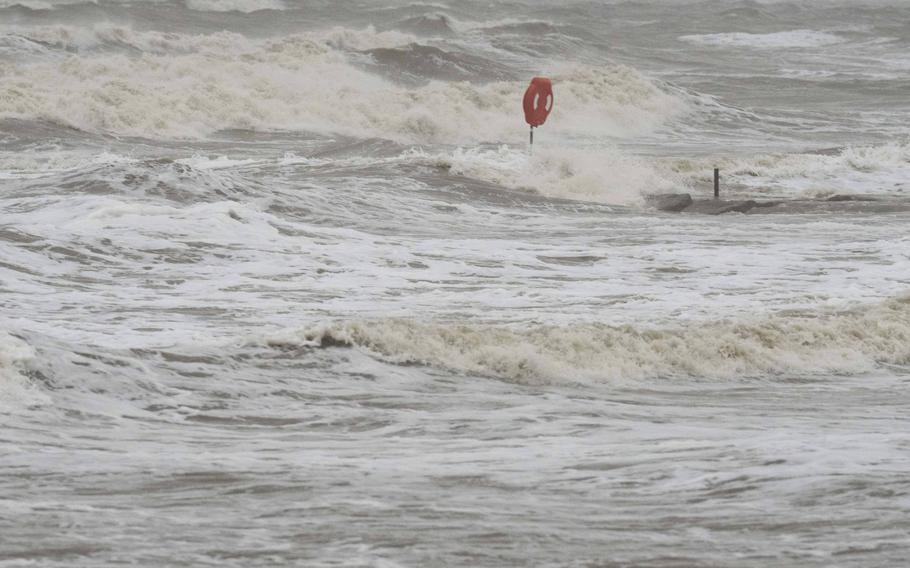 Waves crash over a jetty along Seawall Boulevard Wednesday, June 18, 2024, in Galveston, Texas. Tropical Storm Alberto has formed in the southwestern Gulf of Mexico, the first named storm of what is forecast to be a busy hurricane season. 