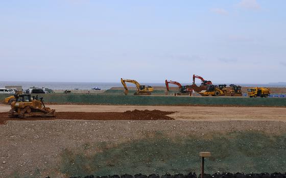 Construction work continues on a Marine Corps runway at Camp Schwab, Okinawa, June 22, 2023. 
