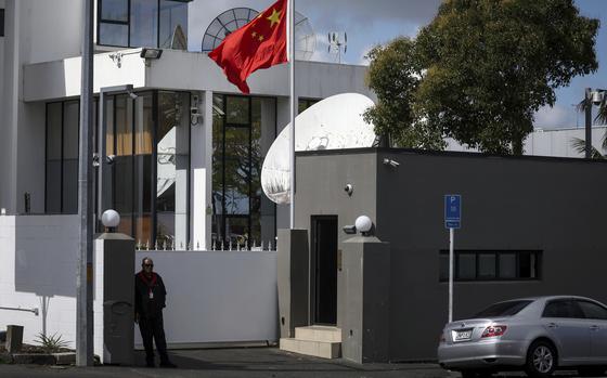 The Chinese flag flies at the Chinese Consulate in Auckland, New Zealand, Tuesday, March 26, 2024. Hackers linked to the Chinese government launched a state-sponsored operation that targeted New Zealand's Parliament in 2021, the country's security minister said. (Jason Oxenham/New Zealand Herald via AP)