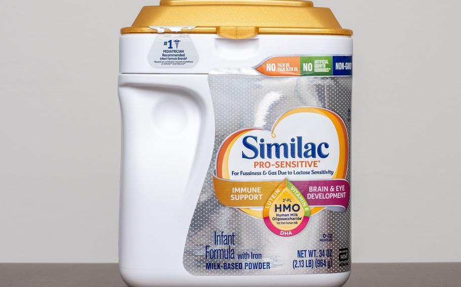 A container of formula. President Joe Biden on Wednesday invoked the Defense Production Act to address a nationwide shortage in baby formula, marking a major attempt to ramp up domestic manufacturing rapidly as parents are scrambling and store shelves are running bare.