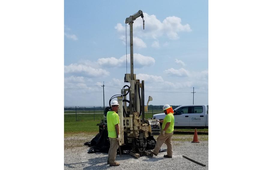 A direct-push technology drill rig collects subsurface soil sample cores July 28, 2021, at the Fire Training Area on Wright-Patterson Air Force Base. 