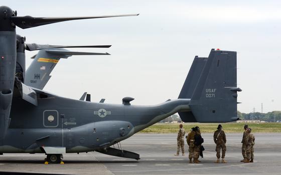 An Air Force CV-22B Osprey arrives at Yokota Air Base, Japan, April 5, 2018.
