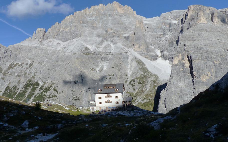 Rifugio Comici, called Zsigmondyhütte in German, with the Cima Undici mountain in the background. Many of the sites in the area have both Italian and German names. 