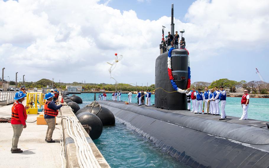 The USS Annapolis arrives at Apra Harbor, Guam, March 28, 2022, becoming the fifth fast-attack submarine to be homeported on the island. 