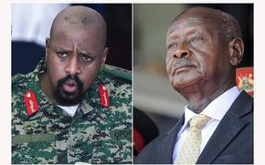 Uganda’s President Yoweri Museveni, right, fired his son Lt. Gen. Muhoozi Kainerugaba as commander of the nation’s infantry forces on Tuesday, Oct. 4, 2022, after the son tweeted a  threat to capture the capital of neighboring Kenya.