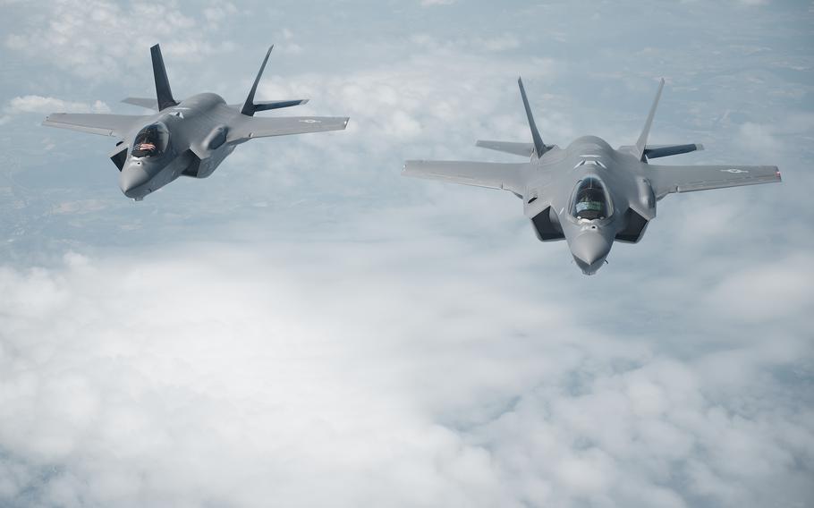 Two U.S. Air Force F-35A Lightning II aircraft assigned to the 134th Fighter Squadron, 158th Fighter Wing, Vermont Air National Guard, operating out of Spangdahlem Air Base, Germany, conducted low approach flyovers over the Baltic Sea region on June 16, 2022.