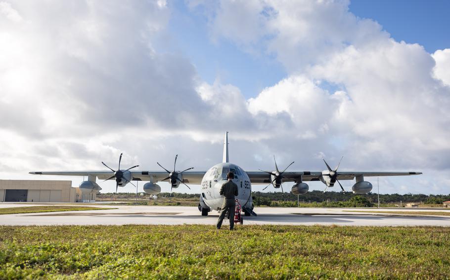 Marine Corps Cpl. Gavin White, a fixed-wing aircraft loadmaster assigned to Marine Aerial Refueler Transport Squadron 152, Marine Aircraft Group 12, 1st Marine Aircraft Wing, runs through a preflight checklist for a KC-130J Super Hercules aircraft at Andersen Air Force Base, Guam, April 21, 2024. 