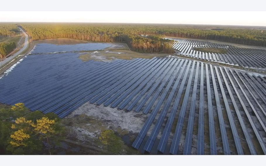 A video screen grab shows an aerial view of the Fort Stewart solar farm on Dec. 6, 2016.  Fort Bragg’s energy and utilities branch chief said Wednesday, June 1, 2022, that the base plans to hold a ribbon cutting ceremony for a 1.1-megawatt solar farm floating on top of a lake on Camp Mackall, a Special Forces training site.