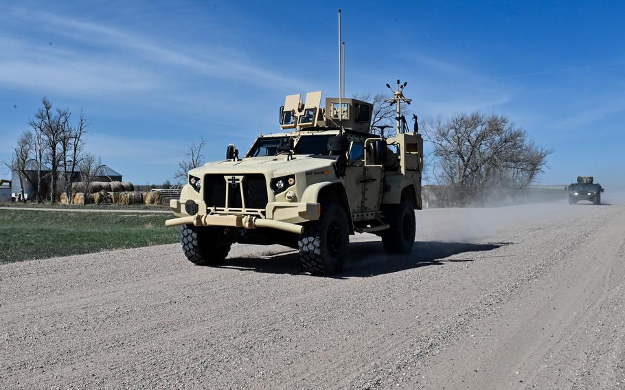 Airmen from the 90th Missile Security Forces Squadron depart F.E. Warren Air Force Base, Wyo., for the first use of the Joint Light Tactical Vehicle supporting maintenance at a launch facility near Harrisburg, Neb., April 24, 2023. 