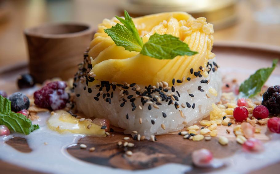 The mango and sticky rice with coconut sauce has a subtle, sweet taste at Tida in Kaiserslautern, Germany.