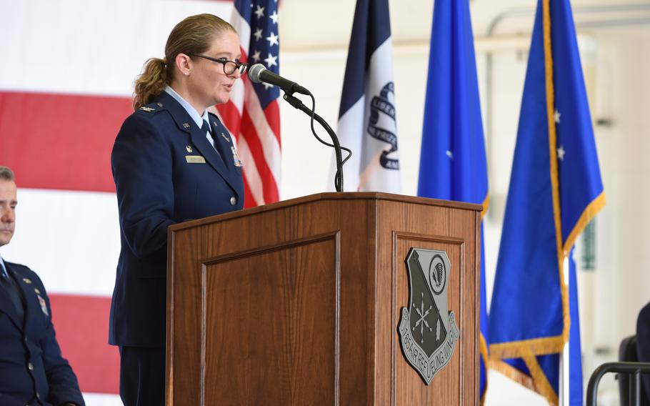 U.S. Air National Guard Col. Sonya L. Morrison, 185th Air Refueling Wing Commander, speaks to 185th ARW personnel at her Change of Command ceremony at the 185th Air Refueling Wing at Sioux City, Iowa, Saturday, Aug. 6, 2022. Morrison is replacing Col. Mark A. Muckey as wing commander.