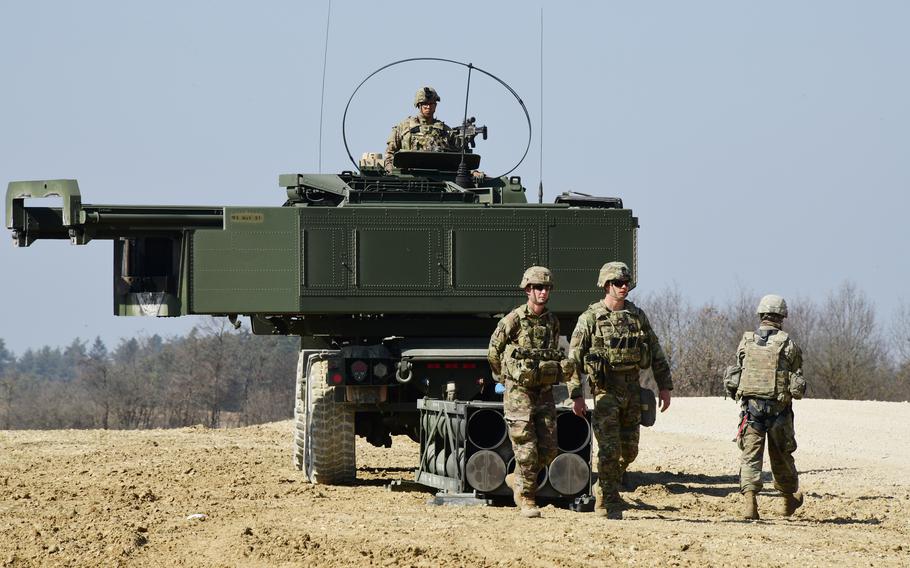 U.S. soldiers assigned to 3rd Battalion, 321 Field Artillery Regiment conduct a live fire of M142 High Mobility Artillery Rocket Systems at the 7th Army Training Command’s Grafenwoehr Training Area, Germany, March 24, 2022. 