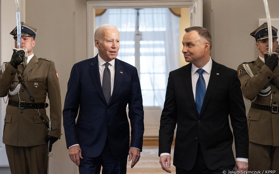 U.S. President Joe Biden meets with Polish counterpart Andrzej Duda on Feb. 21, 2023, at the presidential palace in Warsaw, Poland. During the talks, the presidents discussed the security situation on NATO's eastern flank in the face of Russian aggression against Ukraine.