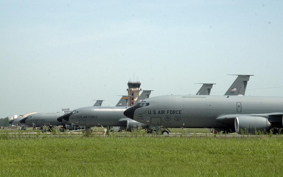 KC-135 Stratotankers park at Yokota Air Base, Japan, July 7, 2023. The aircraft were taking part in Mobility Guardian 23, the largest readiness exercise in Air Mobility Command's history. 