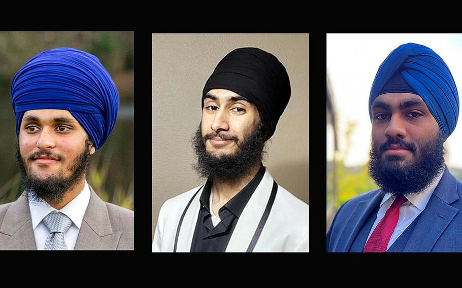 A federal ruling denied a request by Sikhs Milaap Singh Chahal, Jaskirat Singh and Aekash Singh, from left, to enter Marine boot camp without shaving their beards or meeting other grooming requirements on religious grounds. They plan to appeal.