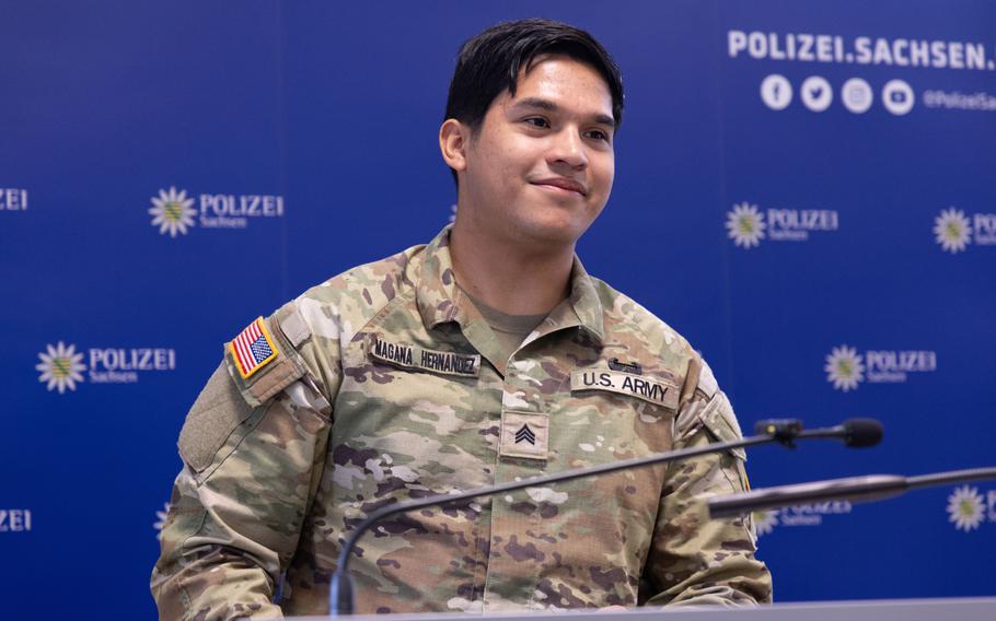 U.S. Army Sgt. Ulises P. Magana-Hernandez, attached to the 2nd Cavalry Regiment, speaks at a recognition ceremony at the Zwickau Police headquarters, Zwickau, Germany, March 27, 2024. Magana-Hernandez thanked the German police for recognizing him and the five other soldiers following their involvement in assisting civilians with emergency medical treatment during a traffic incident in May of 2023. 