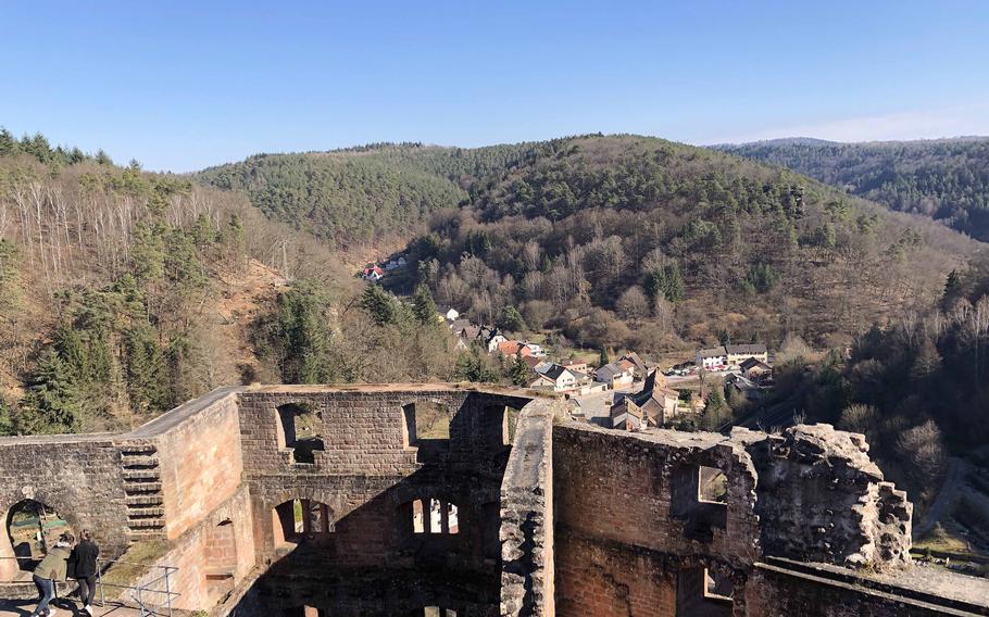 Frankenstein Castle ruins and its surroundings present a different picture on a sunny spring day in March 2021.