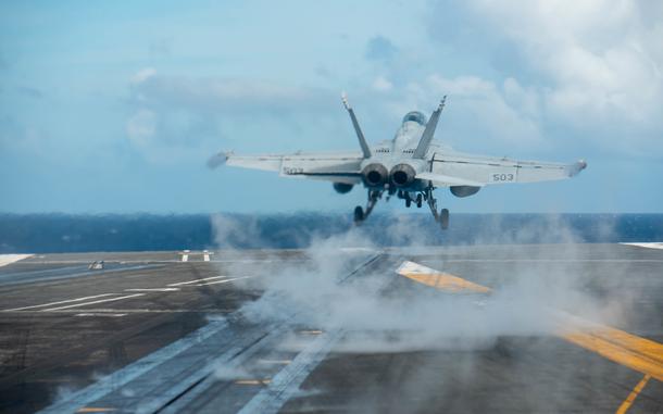 An EA-18G Growler launches from the flight deck of the aircraft carrier USS Ronald Reagan in the Pacific Ocean, Sept. 14, 2022.