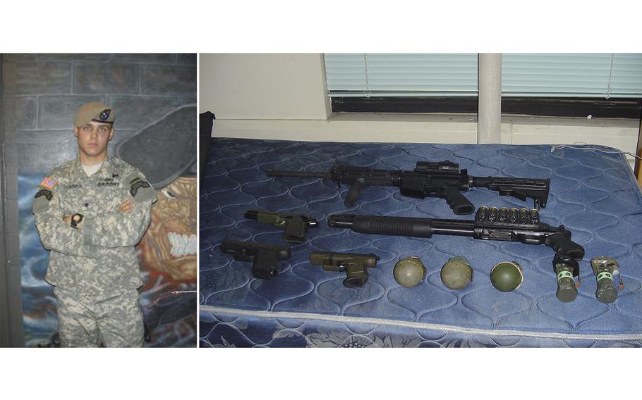 Army Ranger veteran Luke Elliott Sommer, left, and his arsenal. 