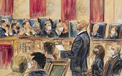 This artist sketch depicts lawyer Scott Keller standing to argue on behalf of more than two dozen business groups seeking an immediate order from the Supreme Court to halt a Biden administration order to impose a vaccine-or-testing requirement on the nation's large employers during the COVID-19 pandemic, at the Supreme Court in Washington, Friday, Jan. 7, 2022. Solicitor General Elizabeth Prelogar, the Biden administration's top Supreme Court lawyer, is seated at right. (Dana Verkouteren via AP)