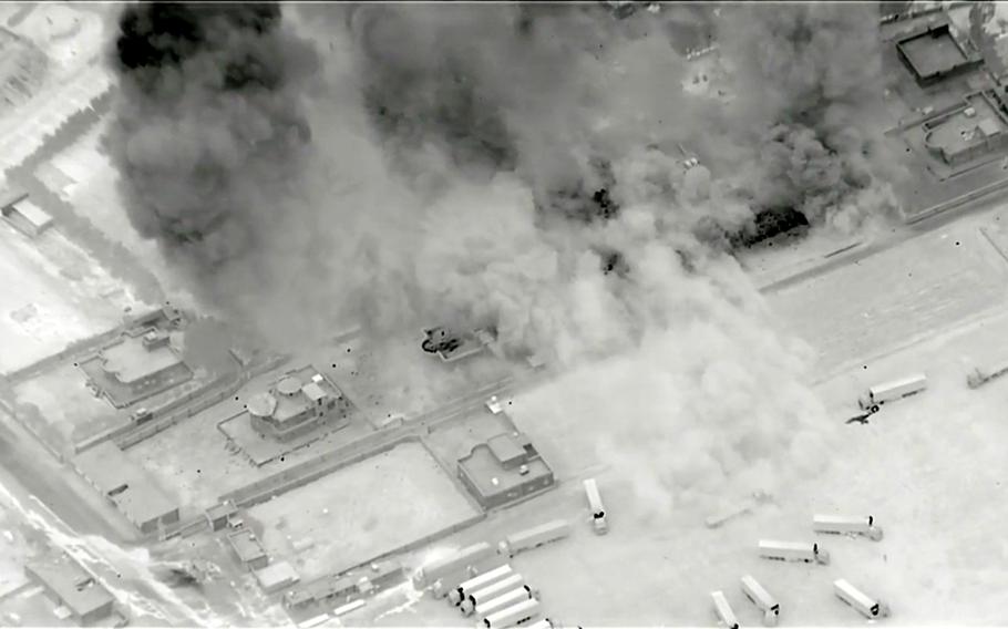 A screenshot from a U.S. Central Command video showing airstrikes against suspected militia storage facilities near the Syria-Iraq border, June 27, 2021. But U.S. military officials disputed reports that an American drone attack recently destroyed an Iran-backed militias truck in eastern Syria, labeling it disinformation.