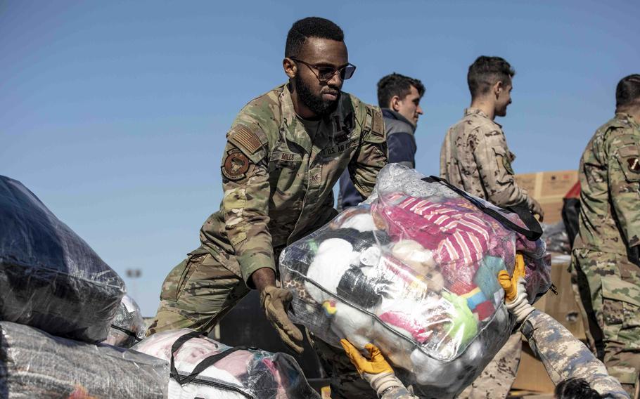 Airmen of the 39th Air Base Wing at Incirlik Air Base, Turkey, load supply trucks Feb. 12, 2023, during joint military  assistance and disaster relief efforts, following the Feb. 6, 7.8 magnitude earthquake in Turkey.