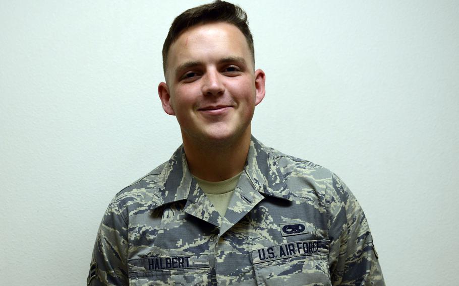 Britton Halbert poses for a photo in September 2015 when he was an airman first class with the 703rd Aircraft Maintenance Squadron at Joint Base Elmendorf-Richardson, Alaska.