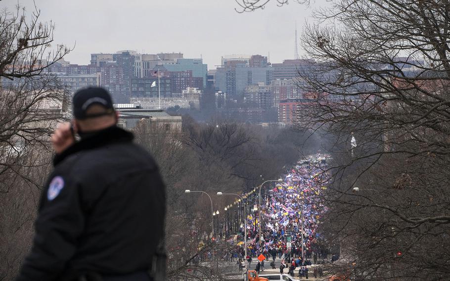 Trump supporters walk down Constitution Avenue toward the U.S. Capitol on Jan. 6, 2021. 