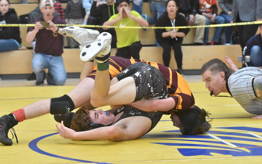 Vilseck’s Johnathan Wissemann pinned Stuttgart’s Dominick Welsh on Saturday, Feb. 10,  2024, in a 113-pound semifinal at the DODEA European Wrestling Championships in Wiesbaden, Germany.