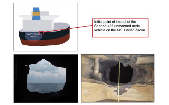 A graphic illustration and photos captured by a U.S. Navy explosive ordnance disposal team aboard M/T Pacific Zircon, Nov. 16, 2022, show the location of what the Navy says is where an Iranian-made drone penetrated M/T Pacific Zircon’s outer hull during an attack Nov. 15,  The attack tore a 30-inch-wide hole in the outer hull, just below the main deck. 