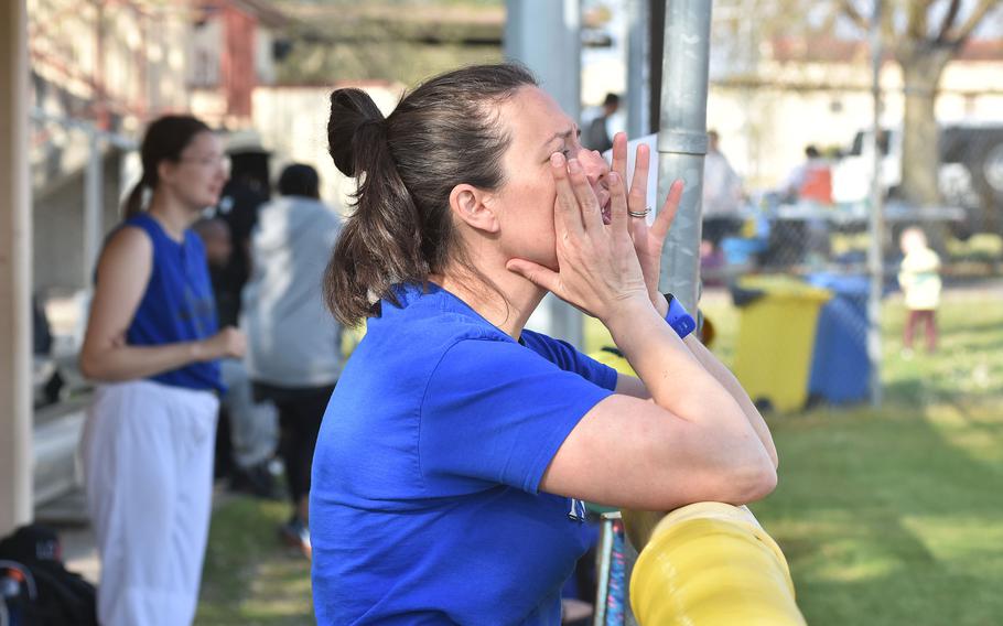 Hohenfels softball coach Stephanie Schnabel shouts encouragement to her team Friday, April 28, 2023, during a 17-1 loss to the Aviano Saints.