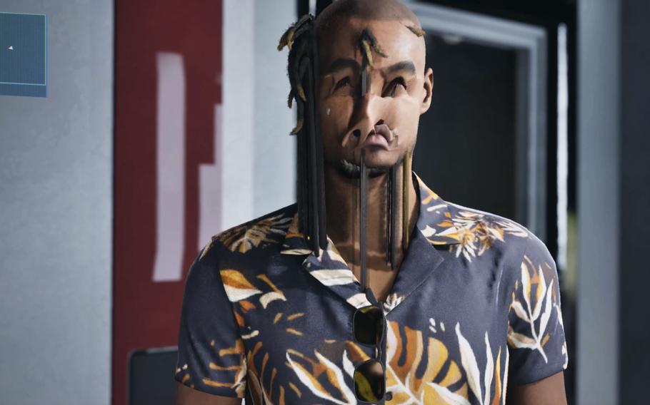 A video game character in a colorful shirt looks like his face is melting due to the poor rendering of the video game.