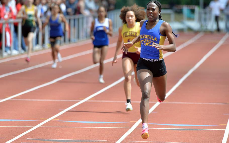 Sigonella’s Rickalia Goss won the girls 400-meter race at the 2025 DODEA-Europe track and field finals in Kaiserslautern, Germany, in 57.76 seconds.