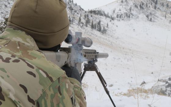 A Special Forces Operator assigned to 3rd Battalion, 10th Special Forces Group (Airborne) fires a round at a target hundreds of meters away during sniper training Feb. 8, 2017 at Limestone Hills Training Area at Fort Harrison, Montana. In addition to sharpening precision fire skills, soldiers with 10th SFG (A) honed their operational skills in ski and snowshoe movement across cold-weather terrain, and maintaining sustainment operations in an unimproved, austere environment.