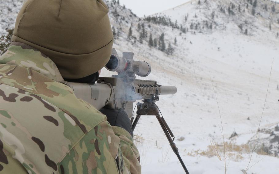 A Special Forces operator assigned to 3rd Battalion, 10th Special Forces Group (Airborne) fires a round at a target hundreds of meters away during sniper training Feb. 8, 2017, at Limestone Hills Training Area at Fort Harrison, Mont. The public comment period has been extended to Jan. 13 for a proposal to increase the use of the Limestone Hills Training Area to allow aerial gunnery practice by Malmstrom Air Force Base and Montana Army National Guard helicopters.