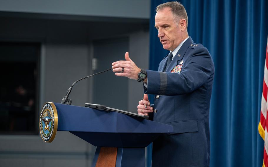 Air Force Maj. Gen. Pat Ryder, the Pentagon’s top spokesman, conducts a news briefing at the Pentagon on Dec. 21, 2023. 