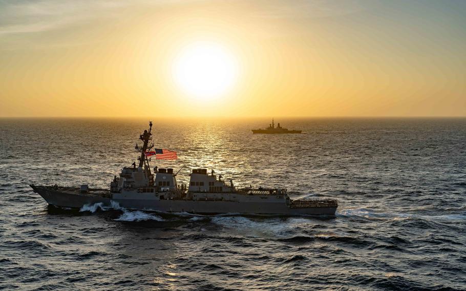 The guided-missile destroyer USS Winston S. Churchill participates in joint training in the Bab el Mandeb Strait, Nov. 20, 2020. The training was connected to the International Maritime Security Construct, which announced a ninth member March 26, 2022.