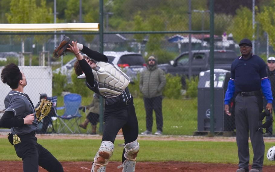 Wiesbaden catcher Owen Smith catches a pop fly ball in a game against Spangdahlem in Wiesbaden, Germany on April 20, 2024.