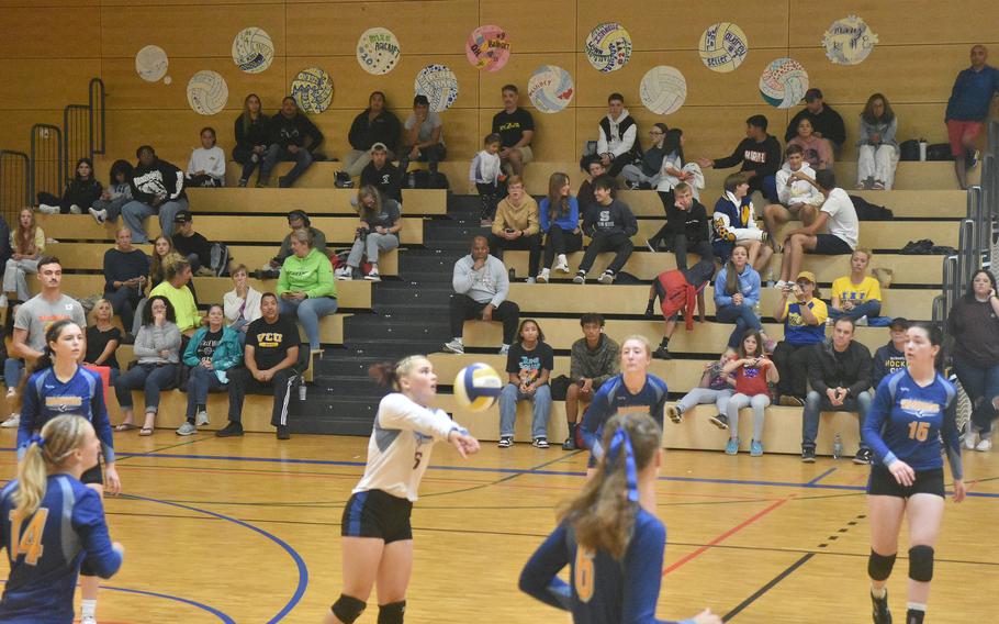 Wiesbaden’s Sailor Allred defends against a Lakenheath serve during a game in Wiesbaden on Saturday, Sept. 10, 2022.