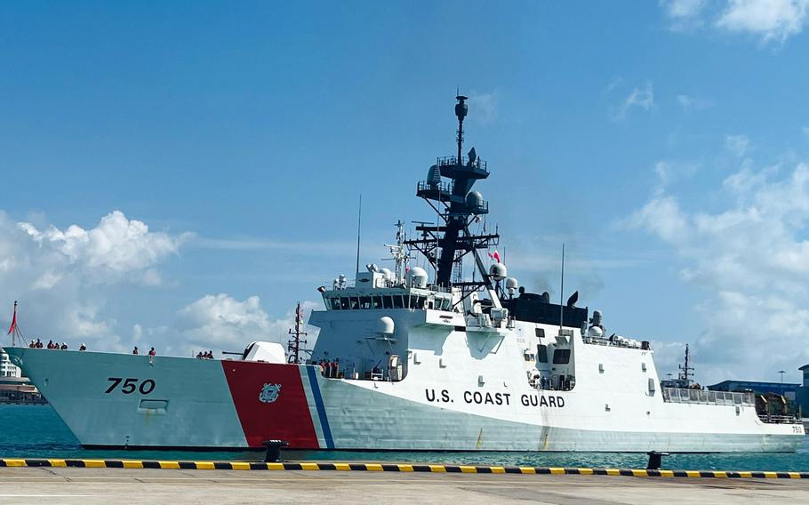 The U.S. Coast Guard cutter Bertholf arrives at Changi Naval Base in Singapore, Feb. 25, 2024.