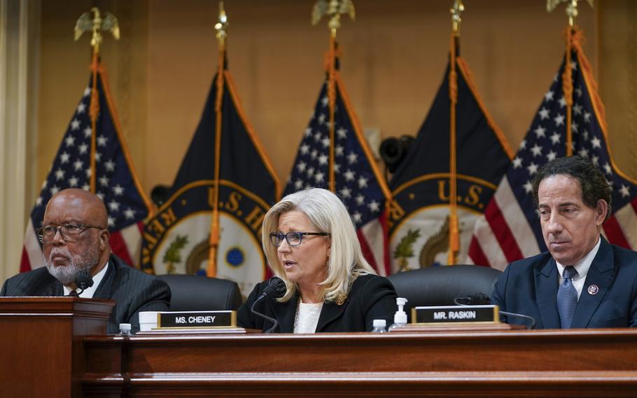 Jan. 6 committee members, from left, Chairman Bennie Thompson, D-Miss., Vice Chair Liz Cheney, R-Wyo., and Rep. Jamie Raskin, D-Md., during Tuesday’s hearing. 