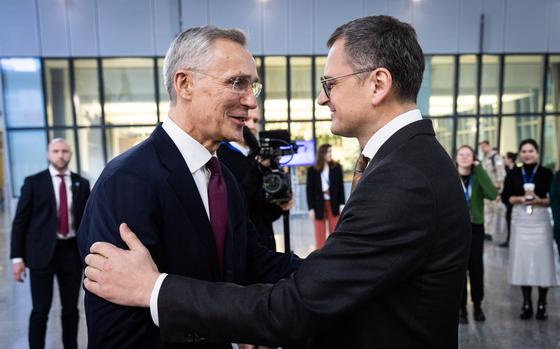 NATO Secretary-General Jens Stoltenberg meets with Ukrainian Foreign Minister Dmytro Kuleba at the organization's headquarters in Brussels, April 4, 2024. Kuleba said that Ukraine urgently needs more air defense systems, including American-made Patriot interceptors.