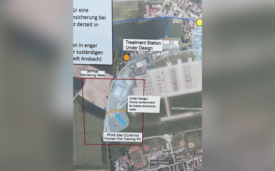 A rendering on display at U.S. Army Garrison Ansbach, Germany, on April 10, 2024, shows the location of a toxic PFAS plume, shaded region inside the red square, and the site of a downstream hydraulic containment system, the orange dot, being built along the base's western fence line. 