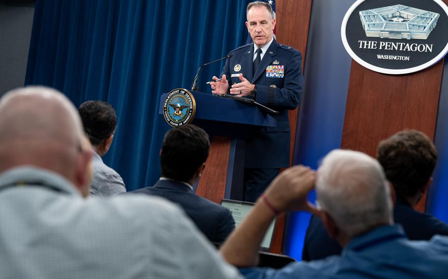 Air Force Brig. Gen. Pat Ryder, the Pentagon press secretary, talks with reporters during a news briefing at the Pentagon on Thursday, Oct. 26, 2023. 