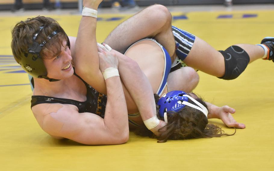 Stuttgart’s Zachary Call defeated Ramstein’s Jaxon Lundell at 144 pounds Friday, Feb. 9, 2024, at the DODEA European Wrestling Championships in Wiesbaden, Germany.