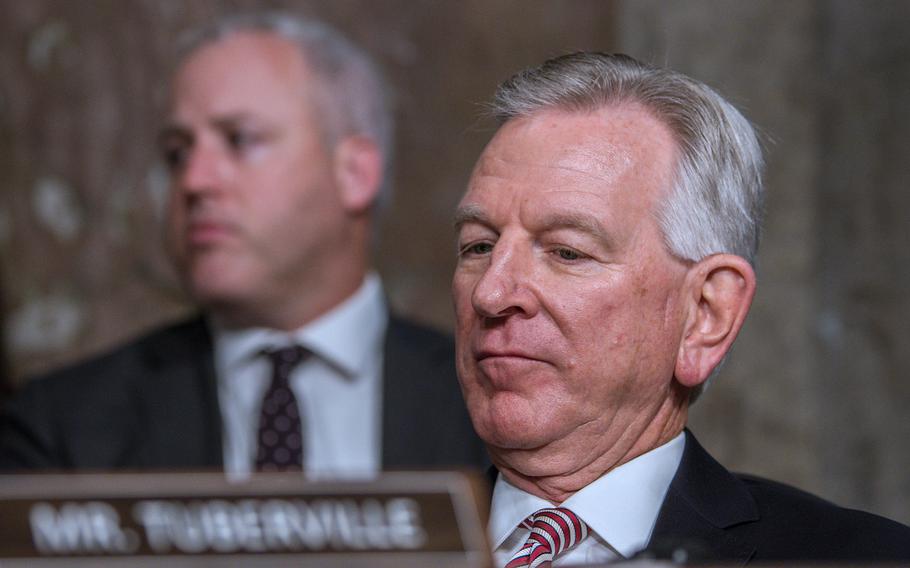 Sen. Tommy Tuberville, R-Ala., attends a Senate Armed Services Committee hearing on July 12, 2023, on Capitol Hill in Washington, D.C.