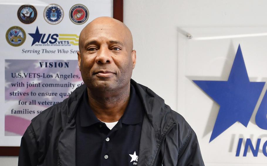 Army veteran Andrew Shelton, 66, at the U.S. Vets housing complex in Inglewood, Calif., on Thursday, Feb. 24, 2022. Shelton lived at the U.S. Vets site for 10 months last year before graduating into permanent housing. He’s now going through an “aftercare” program at U.S. Vets that teaches veterans about VA benefits, their tenant rights, financial management and using public transportation, as well as other life skills. 